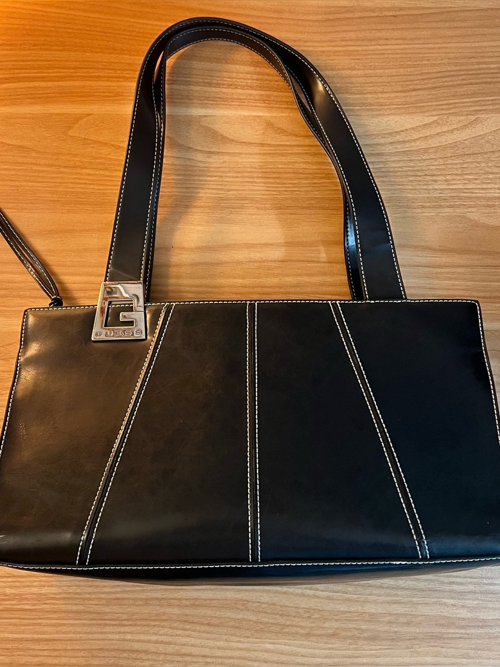 Vintage GUESS Black Leather Shoulder Tote with Contrast White Stitching